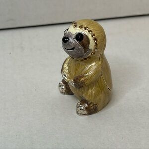 Jeweled SLOTH Rhinestone Metal  Enamel Magnetic Trinket Box Hinged See Pics AsIs